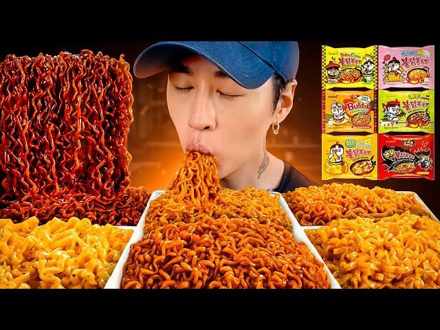 ASMR MUKBANG SPICY FIRE NOODLES CHALLENGE (Black Bean, 2X Nuclear, Carbonara, Curry, Cheese, Corn)