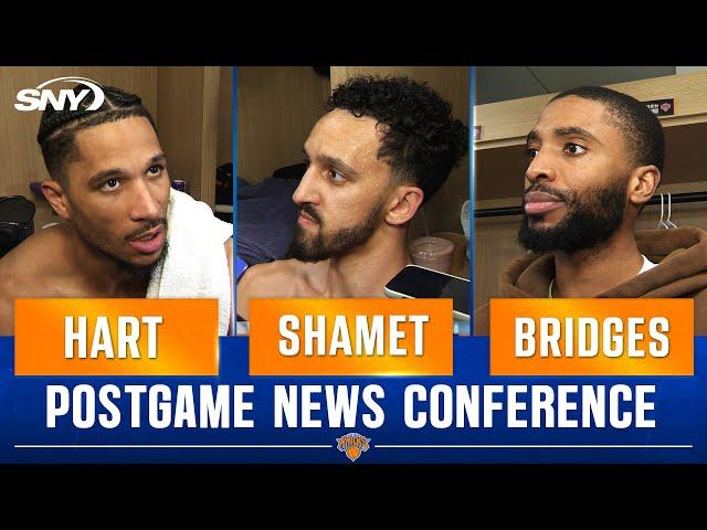 Josh Hart, Landry Shamet, and Mikal Bridges on Knicks' bench during their Game 3 win over Pacers