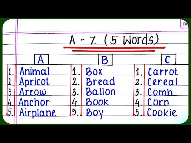 A to Z alphabets with spelling for 5 words for learning |A to Z alphabet 5 words |  Five words A toZ