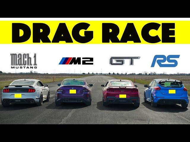 2025 BMW M2 vs Ford Mustang Mach 1, Ford Mustang GT vs Ford Focus RS LE. Drag and Roll Race.