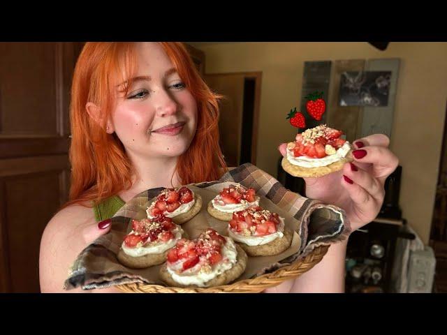 ASMR Baking Strawberry Cheesecake Cookies  (Close Whisper, Fire Crackling)