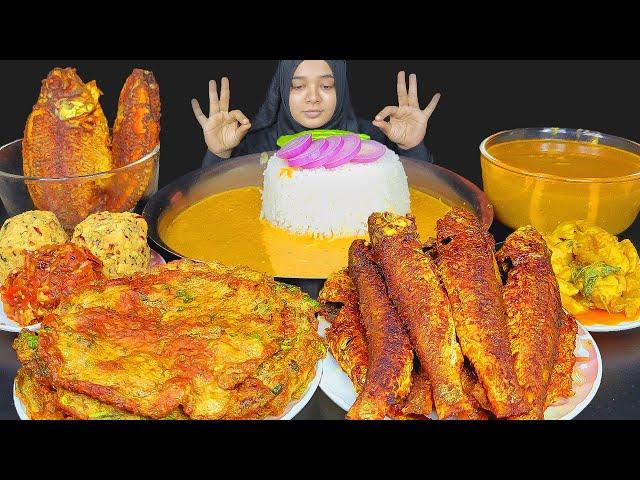 ASMR EATING DAL CHAWAL, 3 TYPE OF BHARTA, HUGE WHOLE FISH FRY, EGG MASALA OMELETTE FOOD VIDEO ASMR 2