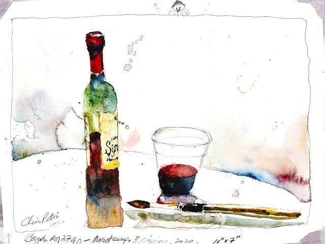 Red Wine Bottle with Travel Brush Watercolor Painting- by Chris Petri