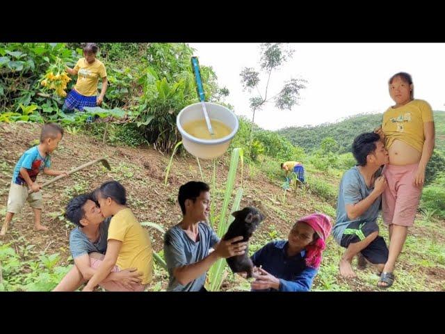 Mother and child go to fertilize vegetables, husband goes to make pig pen door to separatepiglets