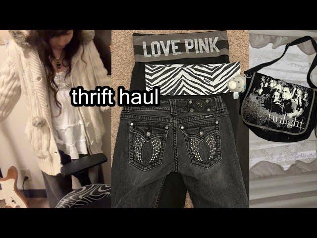 thrift with me  y2k grunge mcbling 2000s 2010s miss me jeans vs pink messenger bag twilight