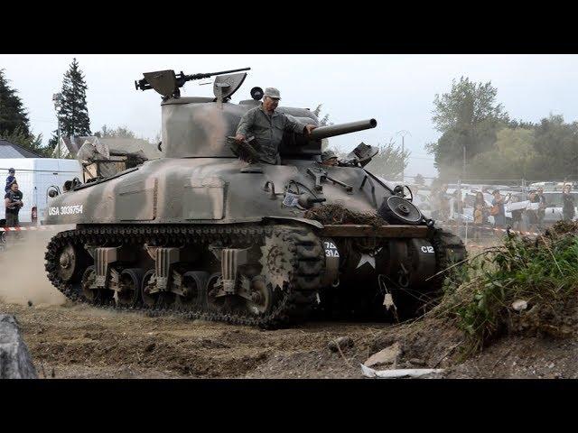 M4A1 Sherman Tank in action (radial engine sound) - Haillicourt 2019