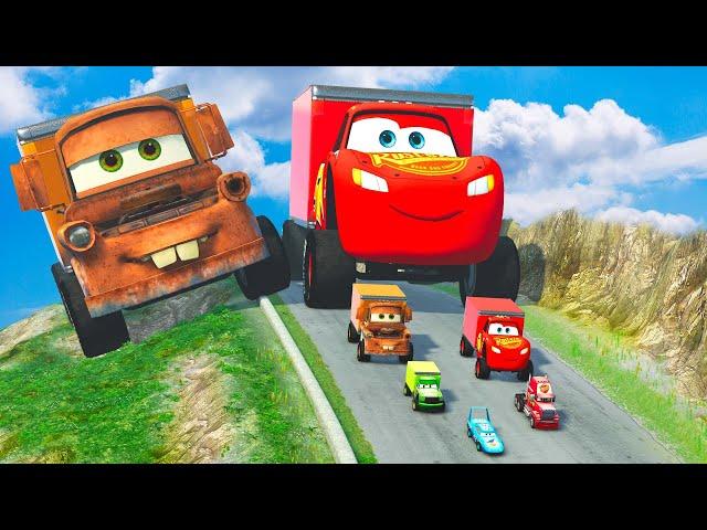 BIG TOW MATER vs LIGHTNING McQUEEN and Small Pixar Cars vs DOWN OF DEATH in BEAMNG DRIVE