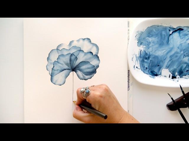 How to Paint Transparent Watercolor Flower: blue layered silk flower tutorial