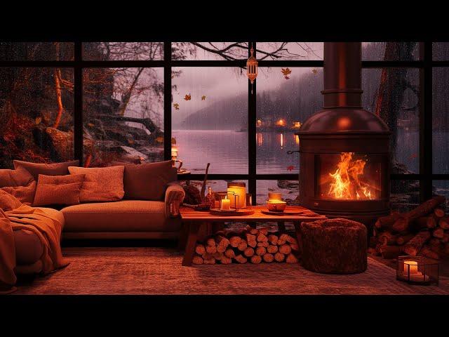 AUTUMN LAKE HOUSE AMBIENCE Relaxing Piano Music with Soft Rain Sounds & Crackling Fire Sounds