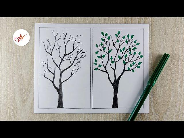 Tree without leaves VS tree with leaves drawing | How to draw two types of trees