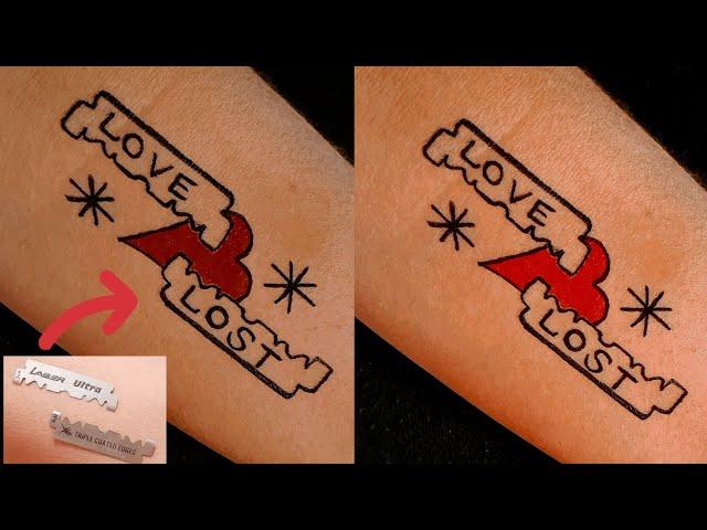 Love Lost tattoo with blade trick /how to make tattoo with red & black pen tattoo with trick / टैटू