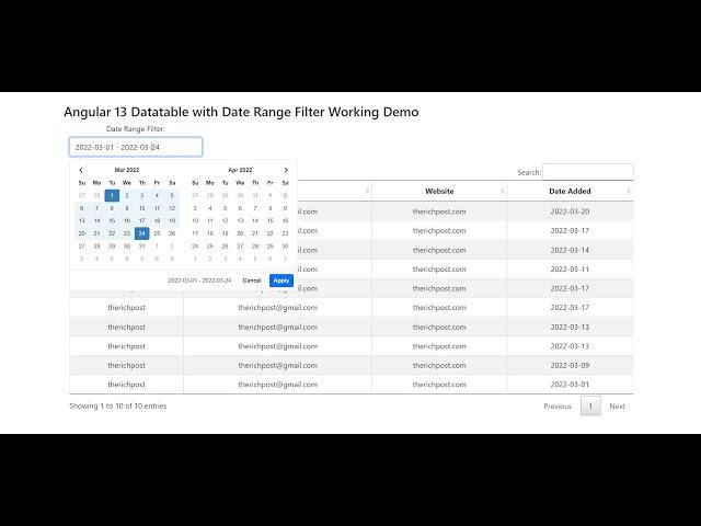 Angular 13 Datatable with Date Range Filter Working Demo