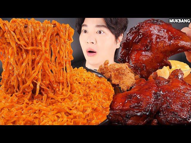 ASMR MUKBANG | Carbo Fire Noodles & BBQ Chicken Eating 자메이카 통다리구이 까르보 불닭볶음면 먹방