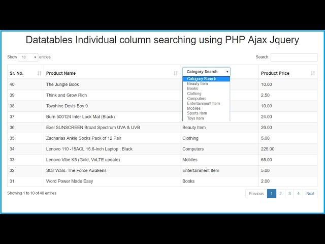 Datatables Individual column searching using PHP Ajax Jquery