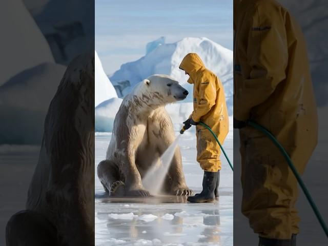 Volunteer cleans a polar bear from the consequences of a polluted ocean