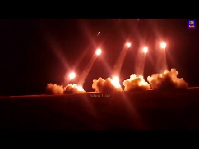 Night volley of Russian MLRS "Grad". Fire!!!