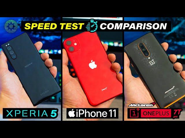 Sony Xperia 5 Vs iPhone 11 vs Oneplus 7t pro mclaren - Speed Test Comparison