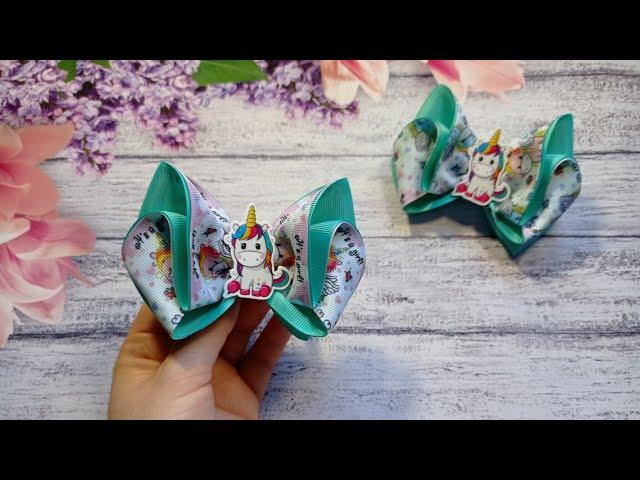 БАНТИКИ С ЕДИНОРОЖКАМИ ИЗ РЕПСОВОЙ ЛЕНТЫ 4 СМ /  КАНЗАШИ / МАСТЕР КЛАСС / RIBBON BOWS / DIY