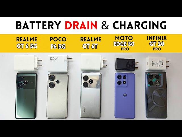 5G BATTERY Drain & ChargeRealme GT 6 vs Realme GT 6T vs POCO F6 vs Moto Edge 50 Pro vs GT 20 Pro