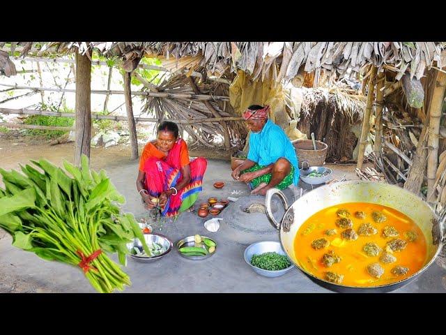 kolmi shak kofta curry prepared by our grandmaa for their lunch in santali tribal style