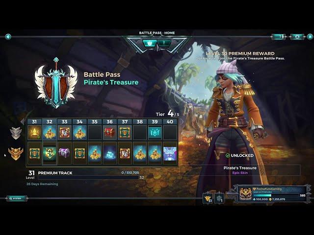 Paladins 2.8 Pirate Treasure - Battlepass 8 All Items, All Levels, Free and Paid Path