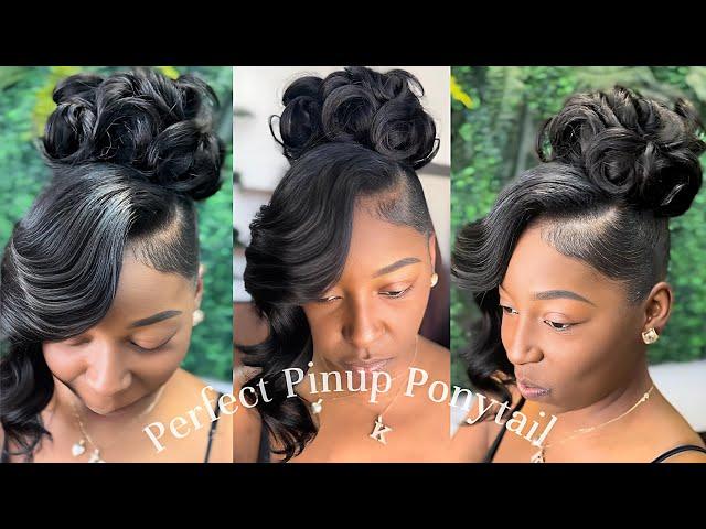 Pin Curl Pin Up Ponytail with layered Quickweave Side bang | Look & Learn How to achieve this look