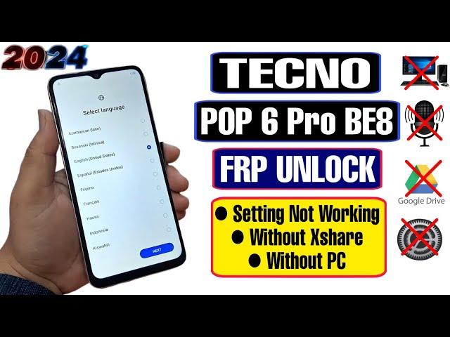 Tecno POP 6 Pro FRP Bypass 2024 | Android 12 New Solution | BE8 Google Bypass Without PC/Setting