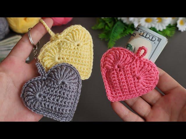 I made a great number of them and sold them all. Crochet heart wallet keychain making. Worderful