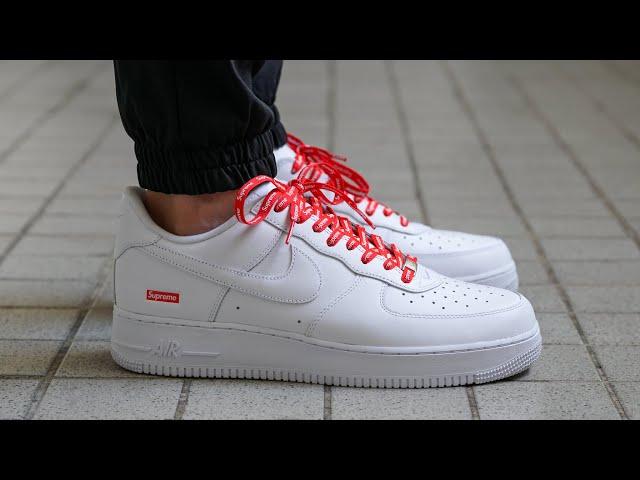 SUPREME Nike Air Force 1 - REVIEW & ON FEET [with Red SUPREME Laces & Regular White Laces]