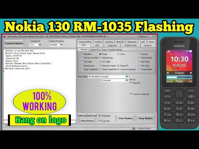 Nokia 130 RM 1035 Flashing Miracle Box 2.82 crack // hang on logo// thanks mobile