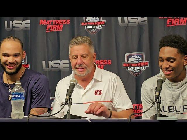 Bruce Pearl, Johni Broome, Tahaad Pettiford after the Auburn Tigers' 74-69 win over Houston