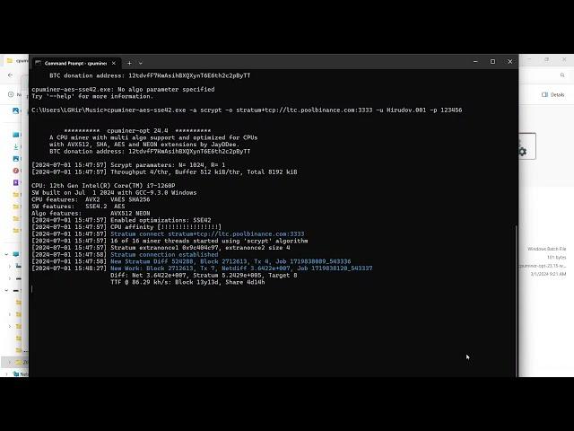 CPUMiner-opt [Windows] (2024) JayDDee {LG gram 16Z90Q-G.AD75F Portable PC}
