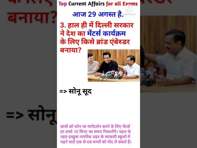 29 August | Top Current Affairs | For all Exams | CA Shorts EP 73 | #Shorts #CurrentAffairsInHindi