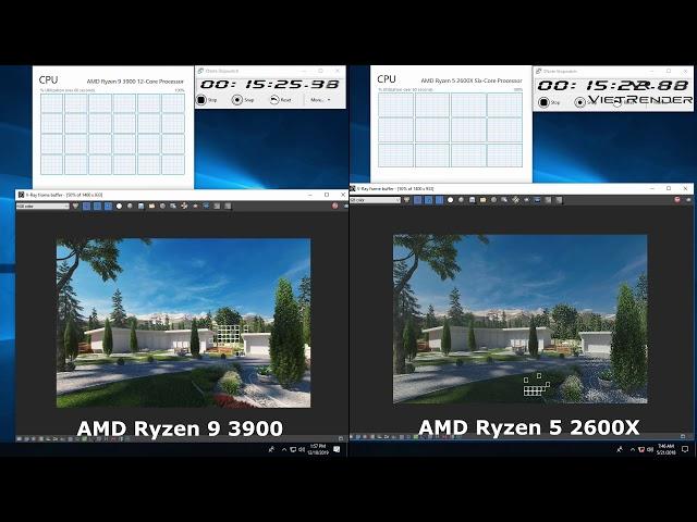 3Dsmax Vray 3 4 Render Time Exterior AMD R5 2600X vs AMD R9 3900