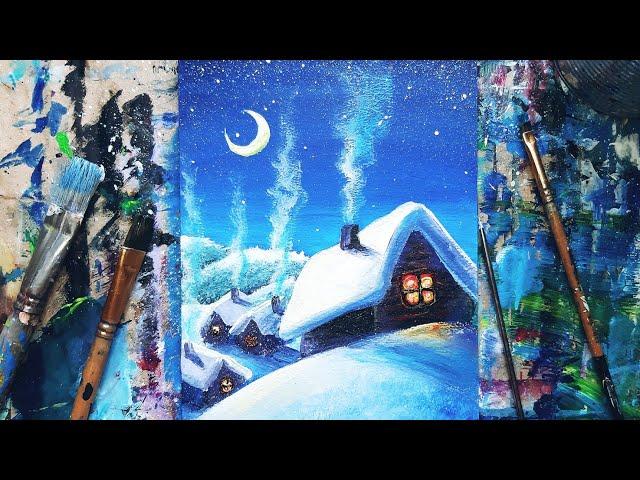 Village houses, snow, moon | Draw a dream winter