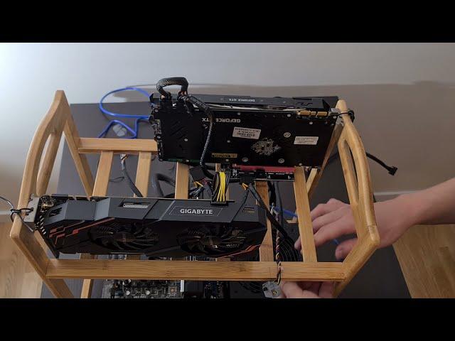 Cheap GPU crypto mining rig assembly, shoe rack used as a frame