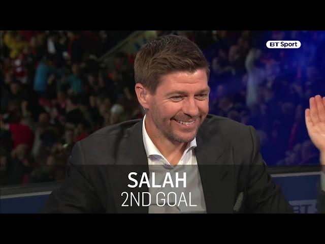 Liverpool legend Steven Gerrard reacts to Mohamed Salah's goals against Roma