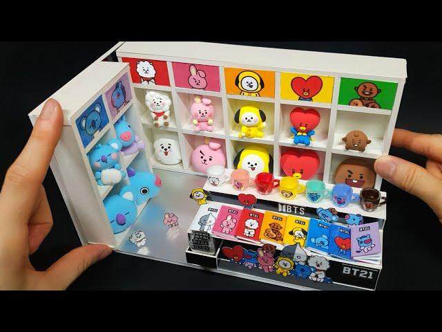 DIY Miniature Realistic shop - BTS character BT21 Shop decor ! BT21 Dolls , Cup~ / Line Store