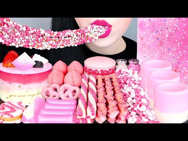 ASMR PINK DESSERTS EDIBLE JELLO SHOT, SHEET JELLY, NERDS ROPE, CHERRY BLOSSOM PRETZEL EATING MUKBANG