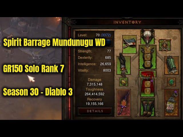 Season 30 Mundunugu Spirit Barrage Witch Doctor GR150 Solo Rank 7 - Diablo 3