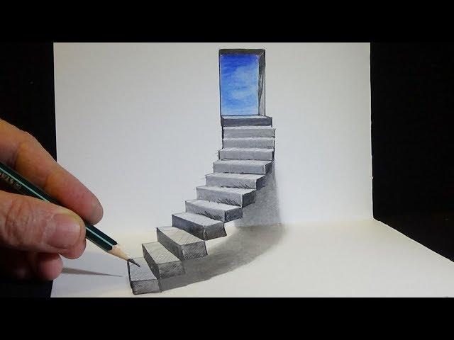 How To Draw 3d Stairs - Drawing Stairs To The Door