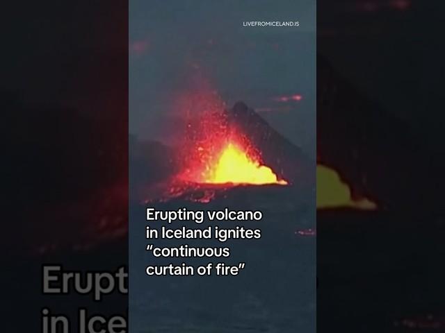 Erupting volcano in Iceland ignites "continuous curtain of fire" #shorts