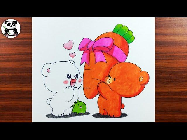 Cute two bear with big carrot vegetable drawing and colouring | cute animals art's