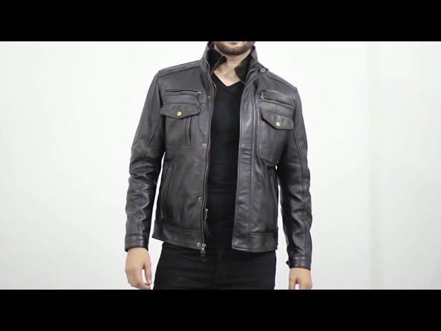 Stand up Collar Leather Jacket | Black Leather Jacket | FJackets