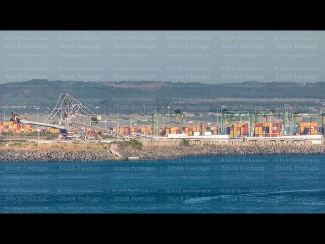 Aerial view of container cargo terminal of commercial port timelapse, business logistics and