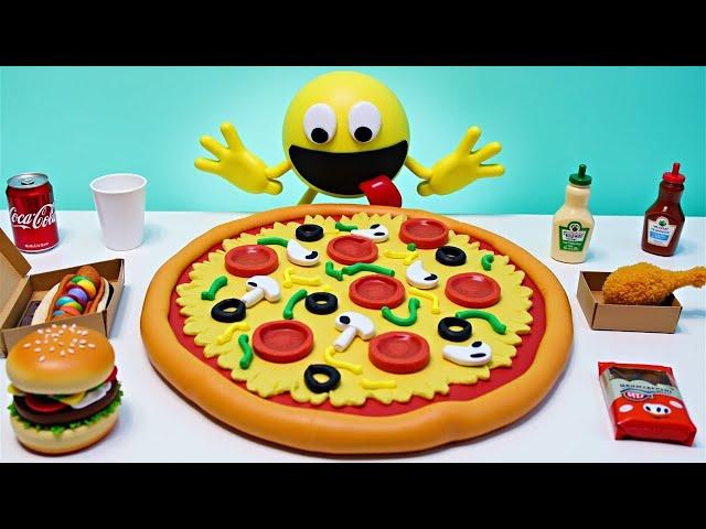 ASMR MUKBANG | Cheesy Pizza and Burger - Pac Man Stop Motion Mukbang