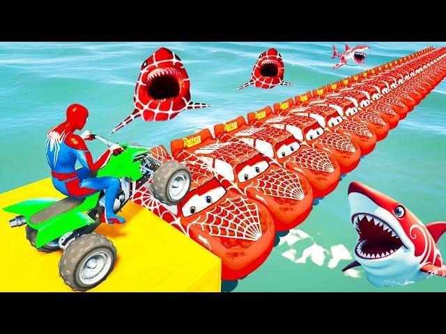 Superheroes on a motorcycle ride over the sea along the Spider-Man Bridge GTA 5