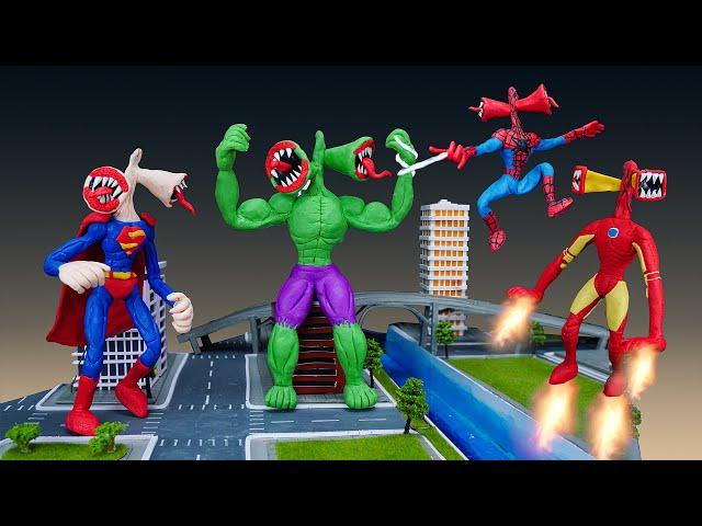  All SIREN HEAD SUPERHEROES (SUPERMAN,SPIDERMAN,HULK,IRONMAN)- Trevor Henderson Creatures with Clay