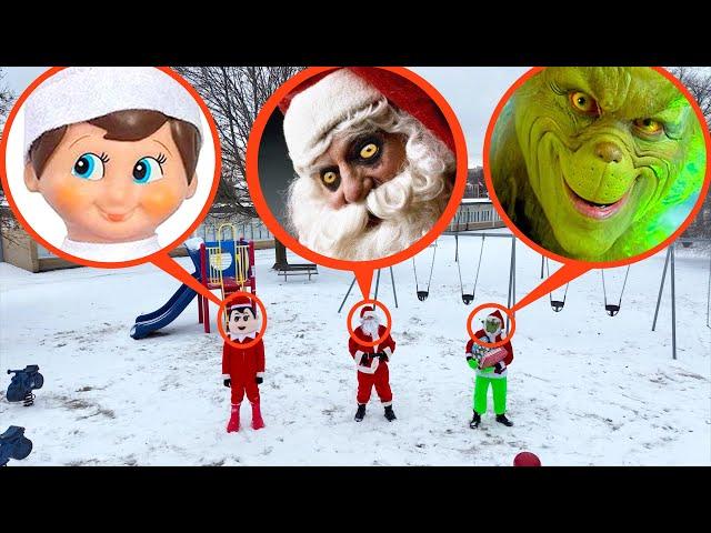 drone catches Santa Claus vs The Grinch vs  Elf on the Shelf at haunted park (huge battle!)