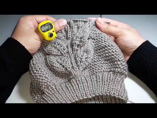 Шапка-берет с узором "Листья на ветке" часть 2/Hat-beret with a pattern "Leaves on a branch" part 2